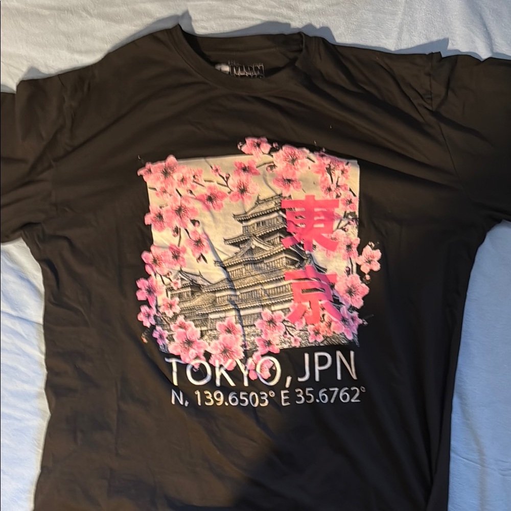 Source Unknown Black Tee with Pink Floral Tokyo Design